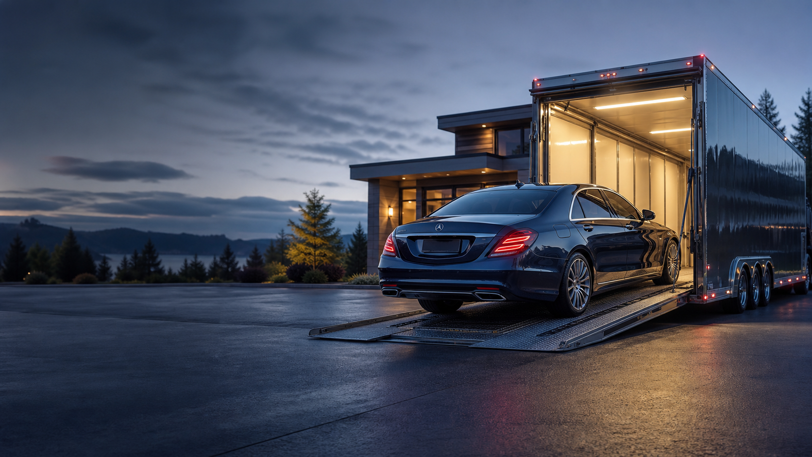 Luxury sedan entering an enclosed vehicle trailer