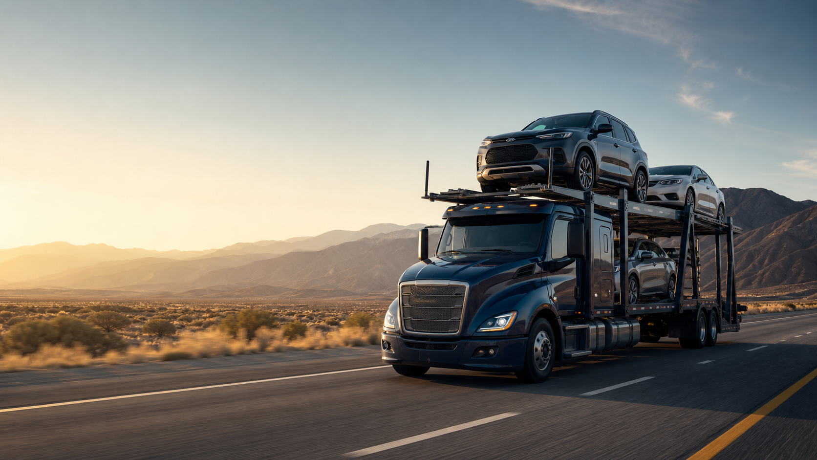 Open car carrier transporting vehicles on a highway
