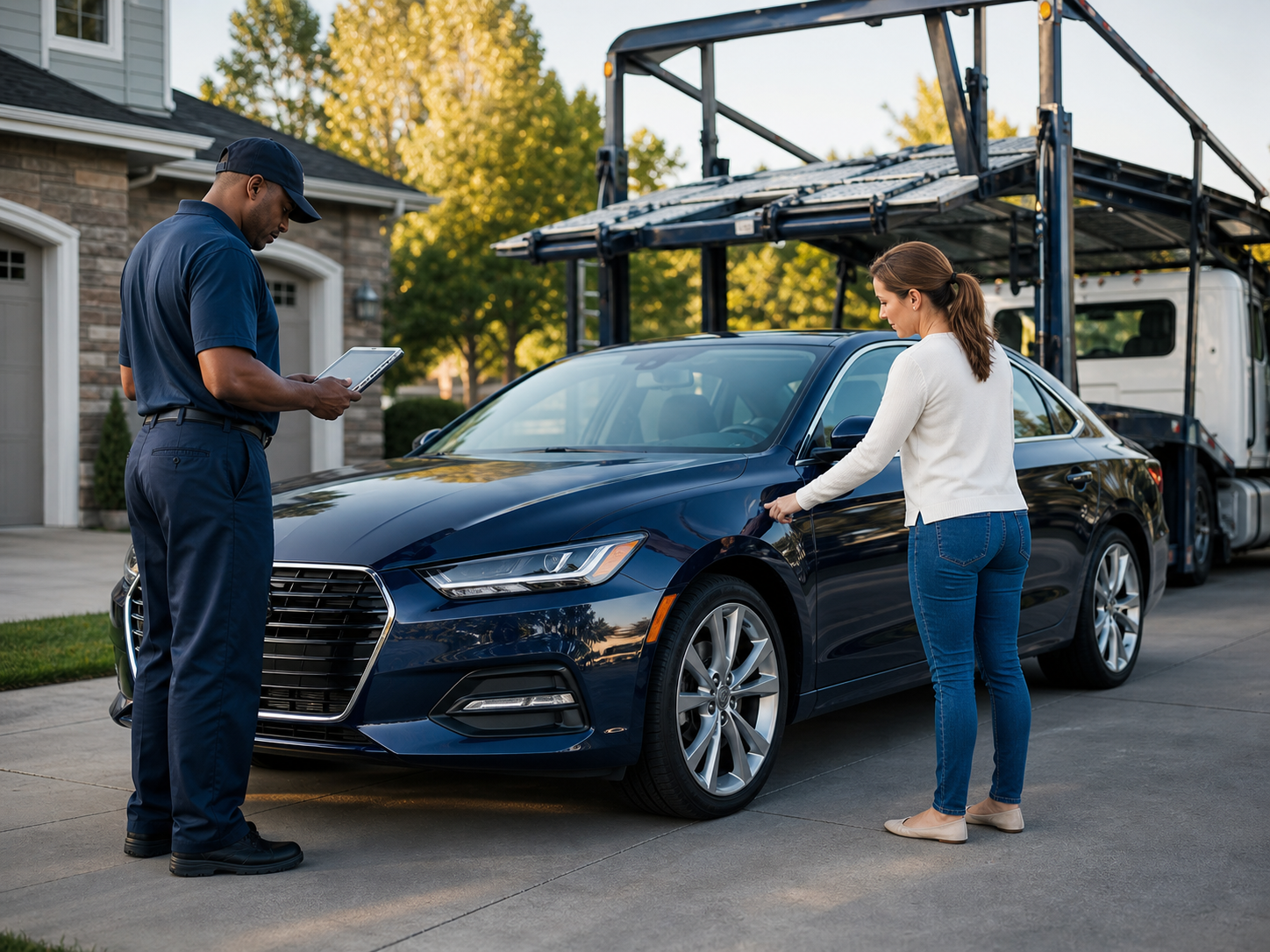 Driver and owner inspecting a vehicle before transport