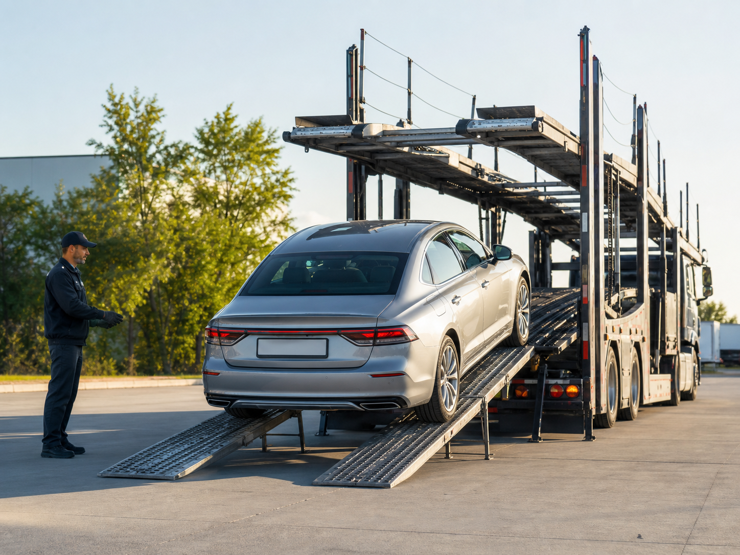 Sedan carefully driving onto an open car carrier