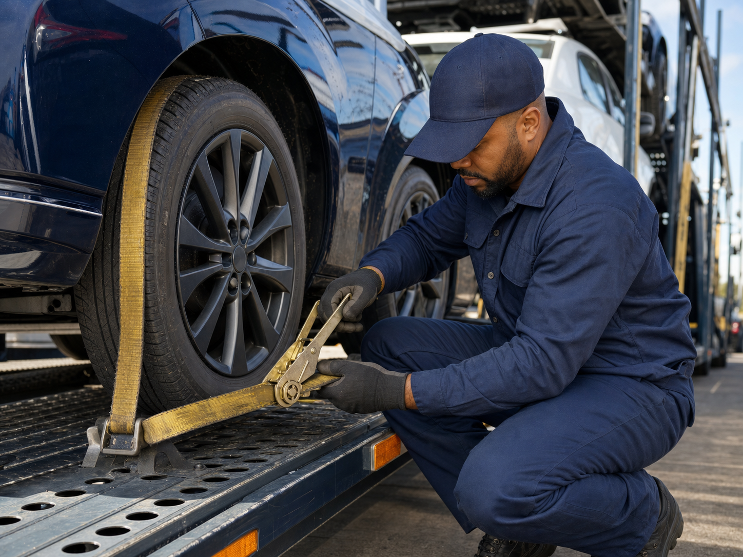Driver securing a vehicle wheel with a transport strap